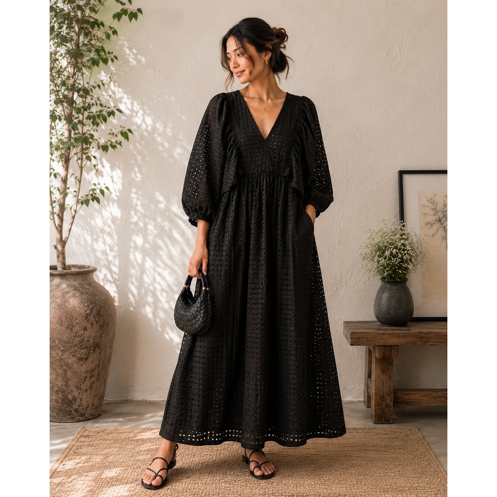 Festival Dark Cottagecore Wanderlust Dress Eyelet Cotton Midi Black Over Size S